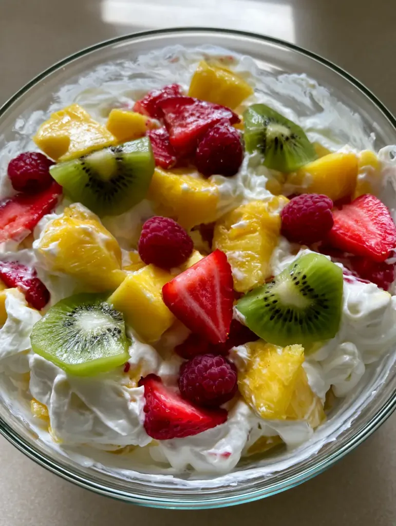 Close-up of Hawaiian Cheesecake Salad showing visible kiwi seeds, crimson strawberries, and plump raspberries embedded in cream.