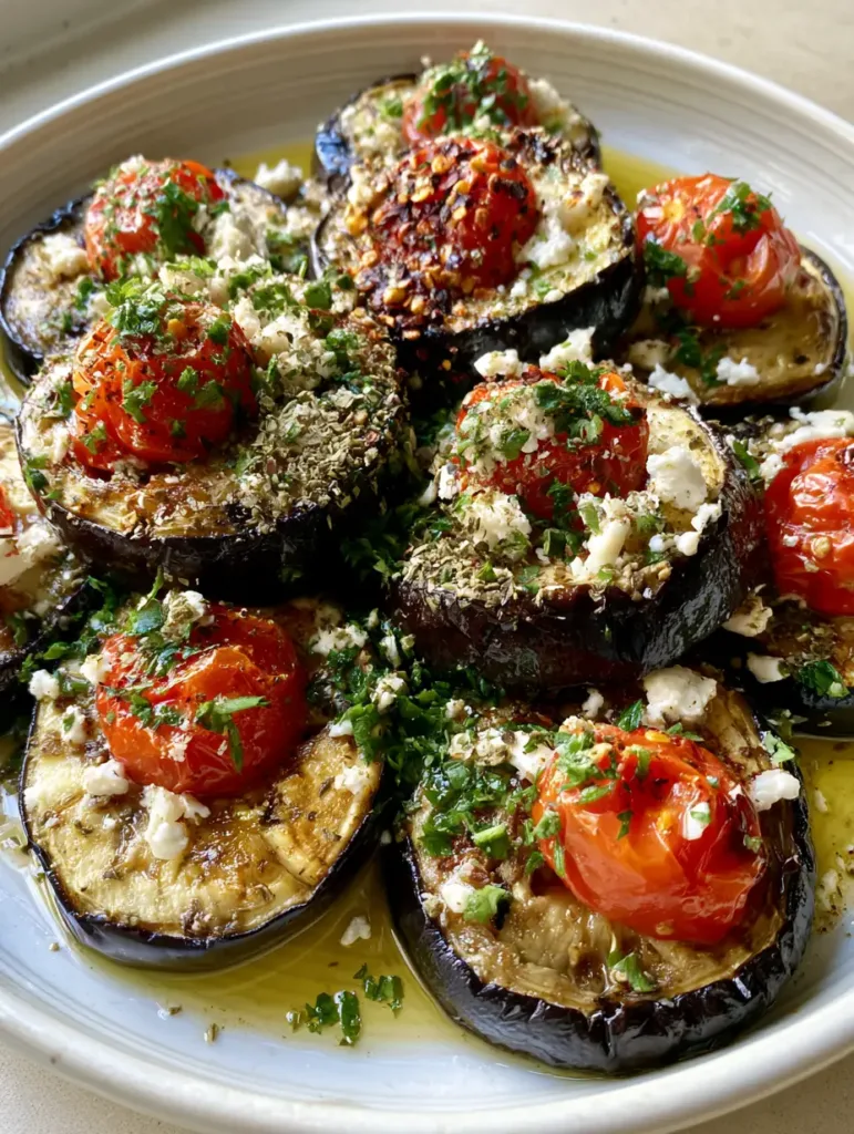 A white plate featuring thick slices of roasted eggplant topped with cherry tomatoes, fresh parsley, and red pepper flakes.