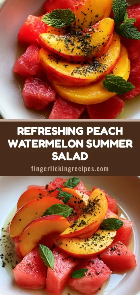 A shallow white ceramic bowl with Peach Watermelon Salad featuring red watermelon cubes, sliced peaches, and mint on a stone surface. (Peach Watermelon Salad)