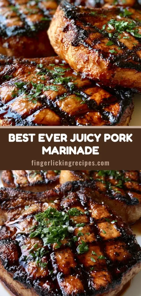 Three thick-cut grilled pork chops with mahogany glaze and cross-hatch grill marks on a white plate. (Grilled Pork Chop Marinade)