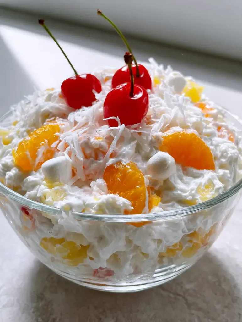 Eye-level close up of Better Than Sex Fruit Salad showing the thick white whipped cream base and mandarin segments. (Better Than Sex Fruit Salad)