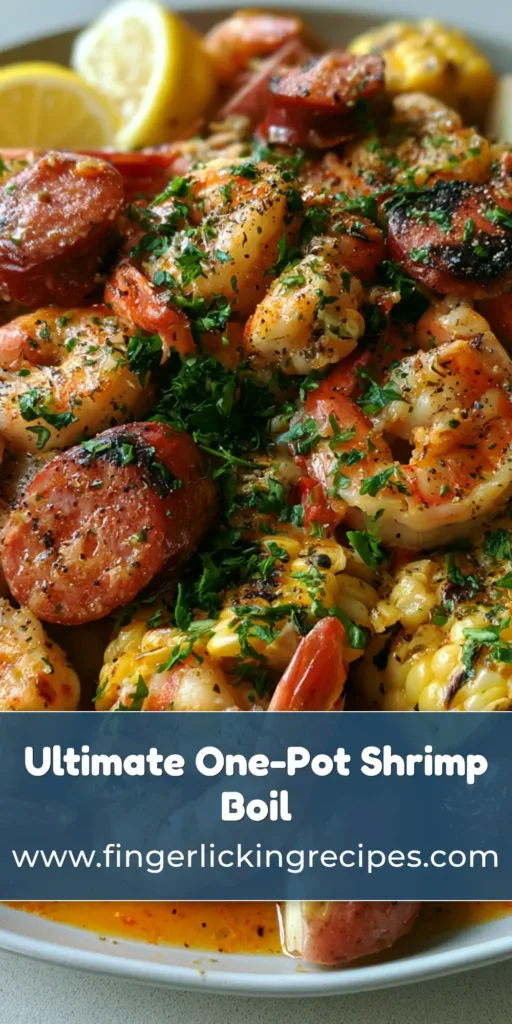 A close-up vertical view of a classic Easy Shrimp Boil Recipe on a platter with glossy orange butter sauce, jumbo shrimp, and charred sausage.