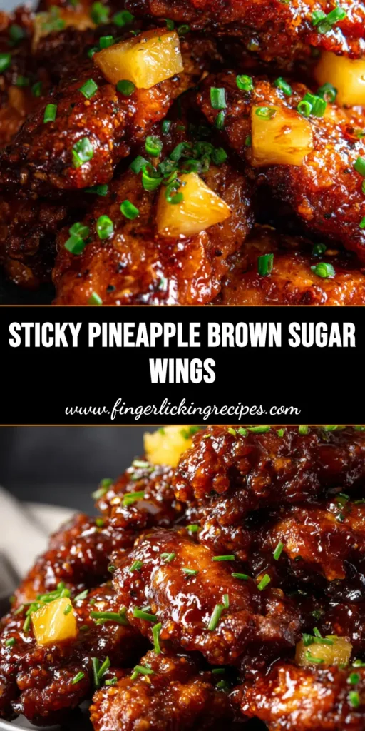 A towering pile of crispy Brown Sugar Pineapple Wings coated in a dark amber glossy glaze with pineapple chunks and chives on a matte plate.