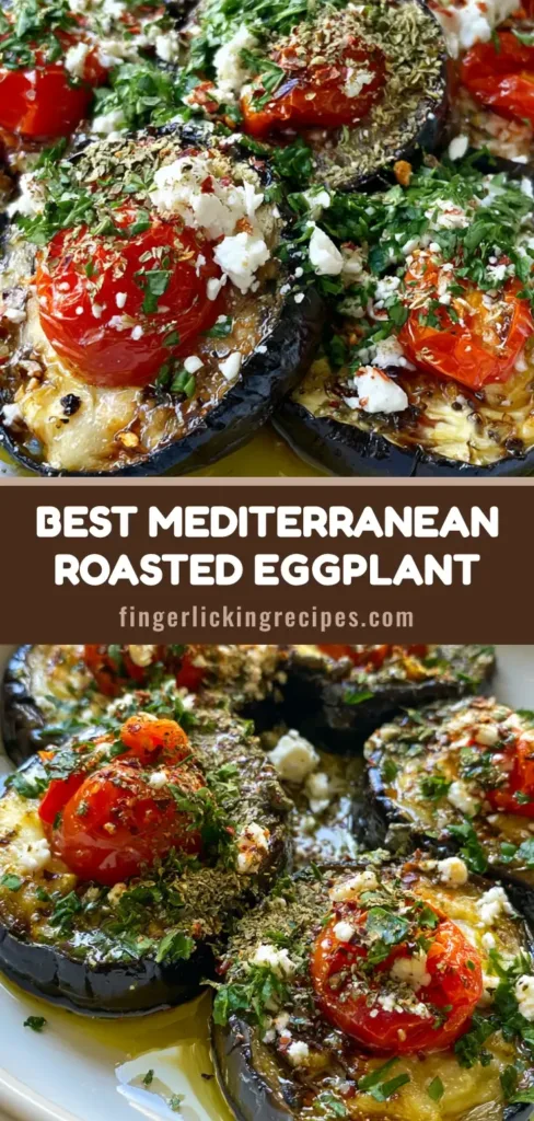 A handheld smartphone photo of thick roasted Mediterranean Roasted Eggplant rounds on a white plate, topped with blistered tomatoes, feta cheese, and fresh parsley in a pool of olive oil.