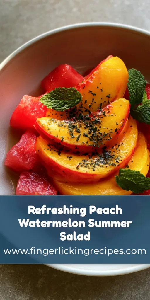 A shallow white ceramic bowl with Peach Watermelon Salad featuring red watermelon cubes, sliced peaches, and mint on a stone surface. (Peach Watermelon Salad)