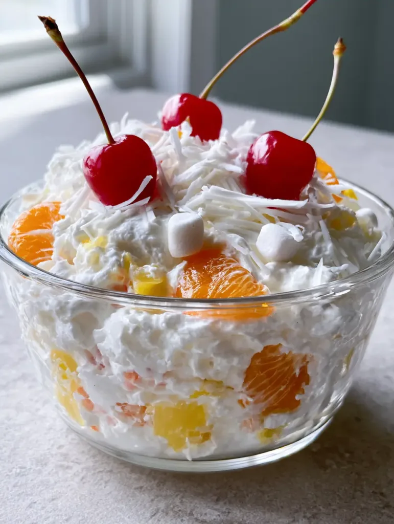 Side view of fruit salad in a glass bowl on a stone countertop under natural light.