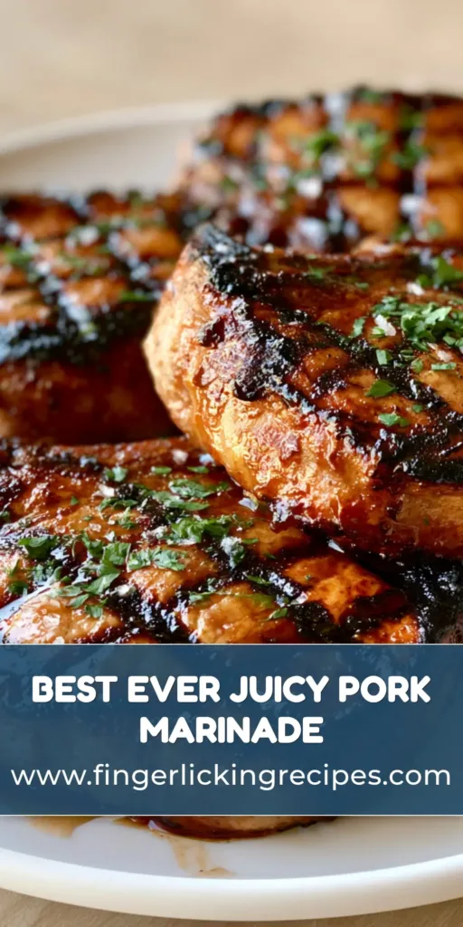 Three thick-cut grilled pork chops with mahogany glaze and cross-hatch grill marks on a white plate. (Grilled Pork Chop Marinade)