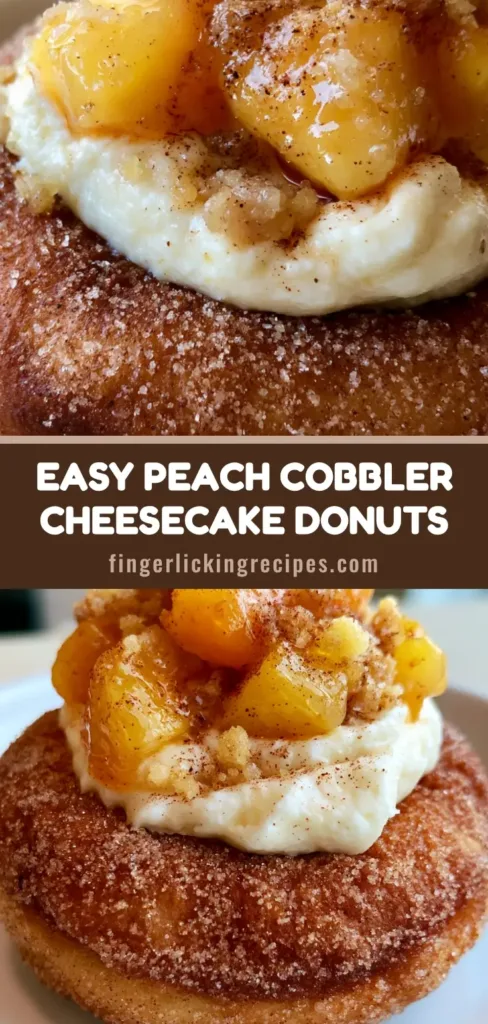 A handheld smartphone photo of a single Peach Cobbler Cheesecake Donut with ivory filling and syrupy peaches on a white plate.