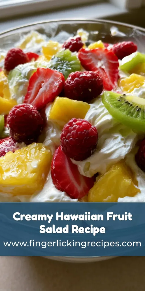 A large clear glass bowl filled with Hawaiian Cheesecake Salad featuring aerated whipped cream, sliced strawberries, kiwi rounds, and pineapple chunks.