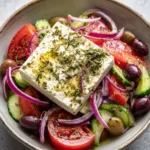 A wide shallow rustic bowl filled with Authentic Greek Salad showing glossy tomato wedges and thick cucumber rounds.