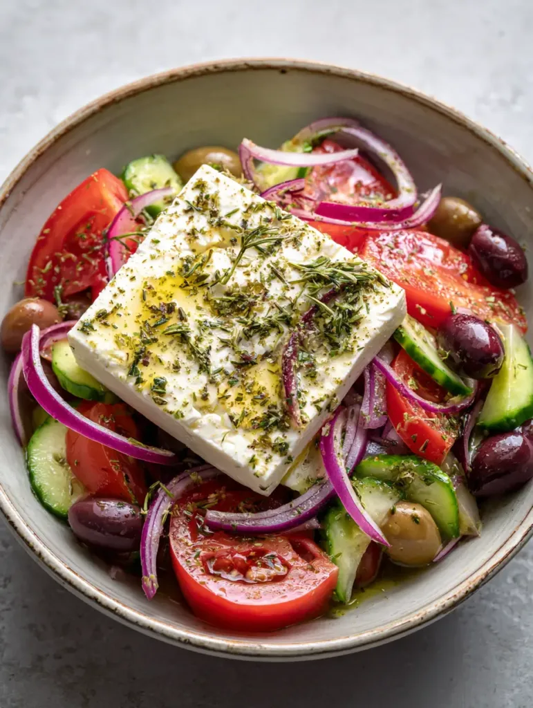 Authentic Greek Salad: The Ultimate Traditional Horiatiki Recipe 3 A wide shallow rustic bowl filled with Authentic Greek Salad showing glossy tomato wedges and thick cucumber rounds.