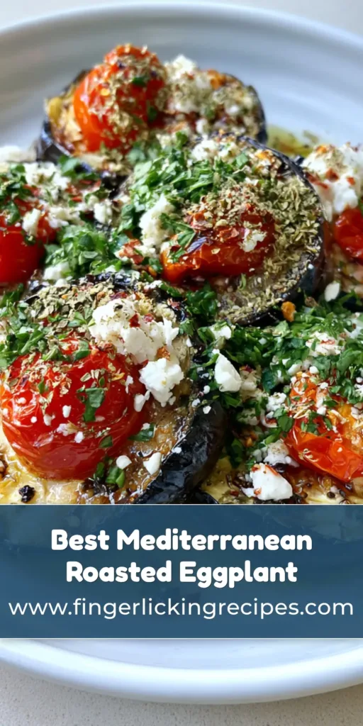 A handheld smartphone photo of thick roasted Mediterranean Roasted Eggplant rounds on a white plate, topped with blistered tomatoes, feta cheese, and fresh parsley in a pool of olive oil.