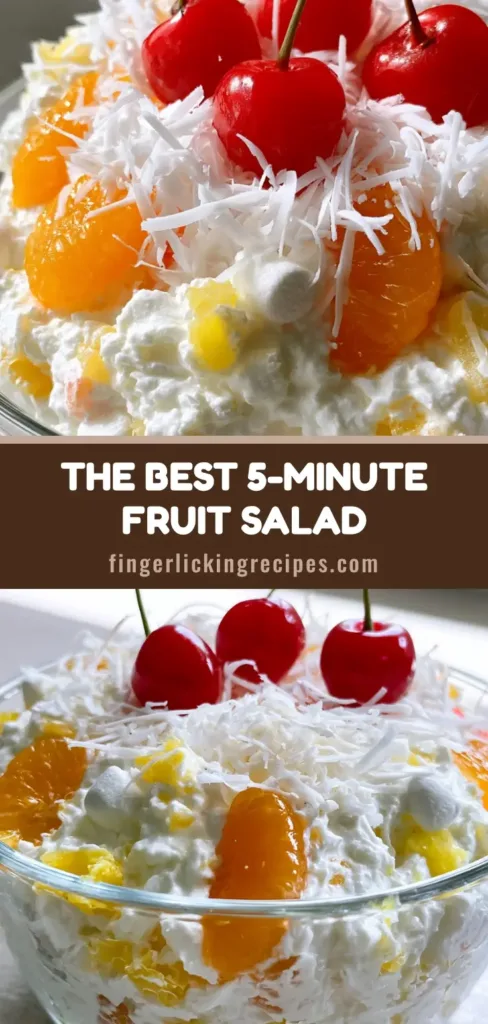 A clear glass bowl filled with creamy Better Than Sex Fruit Salad, topped with shredded coconut and three maraschino cherries with stems.