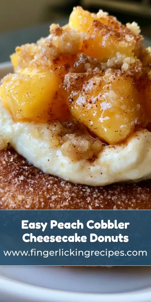 A handheld smartphone photo of a single Peach Cobbler Cheesecake Donut with ivory filling and syrupy peaches on a white plate.
