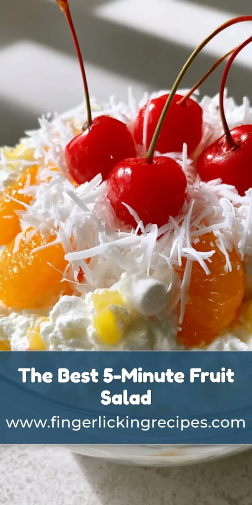 A clear glass bowl filled with creamy Better Than Sex Fruit Salad, topped with shredded coconut and three maraschino cherries with stems.
