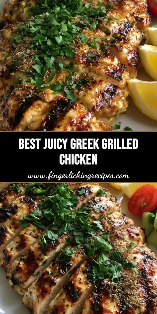 Sliced Greek Grilled Chicken on a white plate with lemon wedges, tomatoes, and cucumbers on a wooden table.