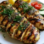 Greek Grilled Chicken with Lemon, Oregano, and Fresh Mediterranean Garnish Close up handheld photo of sliced Greek Grilled Chicken showing dark brown grill marks and a glistening succulent texture.