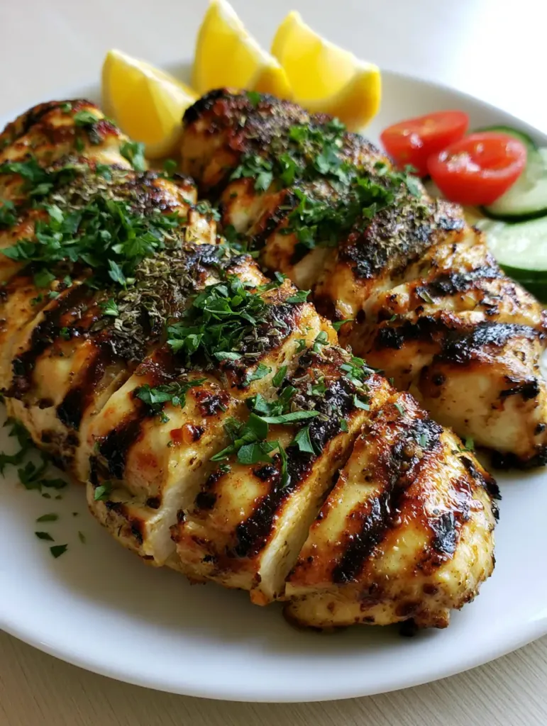 Close up handheld photo of sliced Greek Grilled Chicken showing dark brown grill marks and a glistening succulent texture.