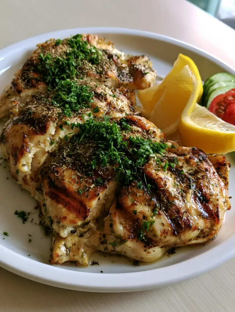 Greek Grilled Chicken breasts on a white plate with fresh parsley, oregano dusting, and vibrant lemon wedges.