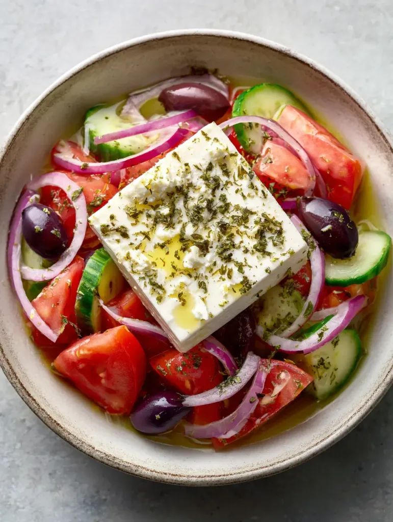 Authentic Greek Salad: The Ultimate Traditional Horiatiki Recipe 2 Close up of a block of creamy feta cheese on top of an Authentic Greek Salad dusted with oregano.