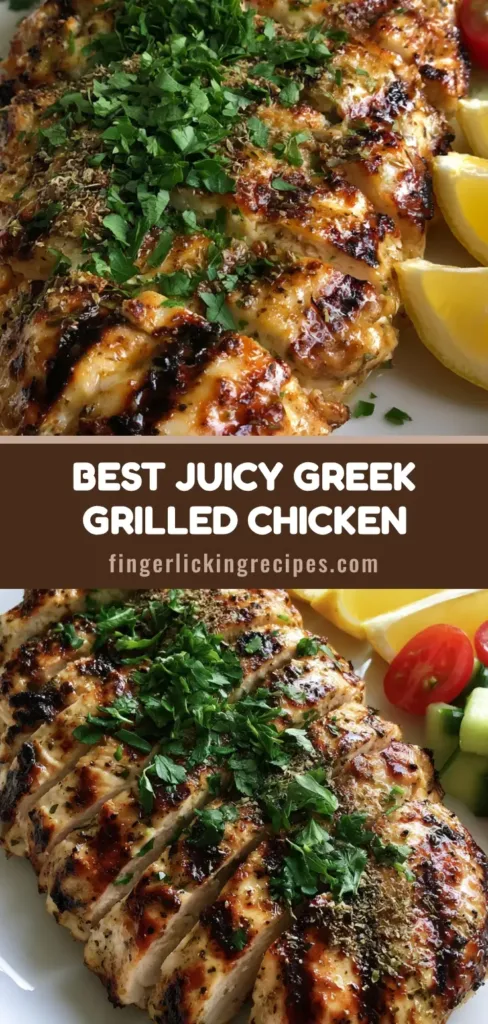 Sliced Greek Grilled Chicken on a white plate with lemon wedges, tomatoes, and cucumbers on a wooden table.