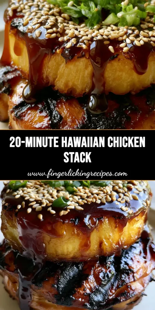 A vertical shot of stacked Hawaiian Huli Huli Chicken with a caramelized pineapple ring, glossy amber glaze, and sesame seeds on a white plate.