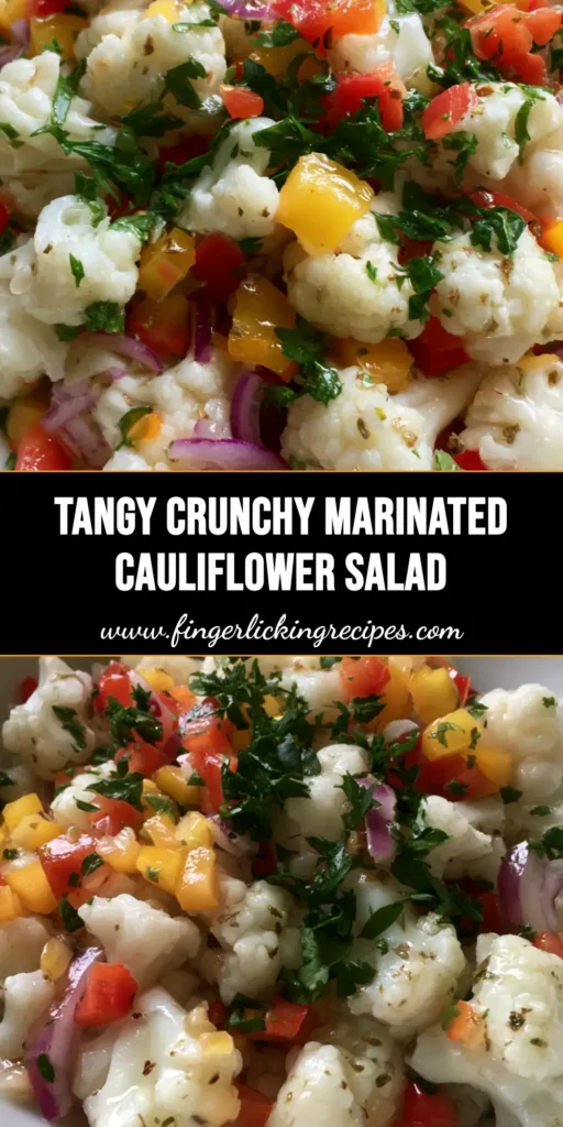 A close-up of a white ceramic bowl filled with glossy Marinated Cauliflower Salad, showing red and yellow peppers and herb flakes.