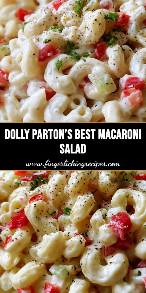 A top-down view of Dolly Parton's Macaroni Salad in a glass bowl featuring creamy dressing and red pepper bits. (Dolly Parton's Macaroni Salad)