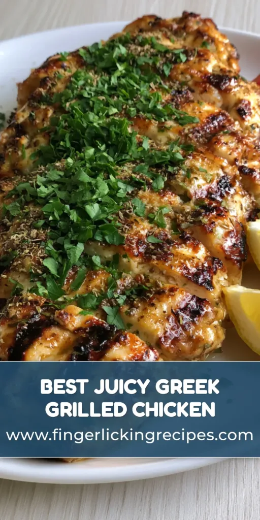 Sliced Greek Grilled Chicken on a white plate with lemon wedges, tomatoes, and cucumbers on a wooden table.