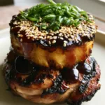 Hawaiian Huli Huli Chicken: The Ultimate Sticky Grilled Pineapple Stack Close-up of juicy seared chicken thigh topped with a grilled pineapple ring and viscous teriyaki glaze. (Hawaiian Huli Huli Chicken)