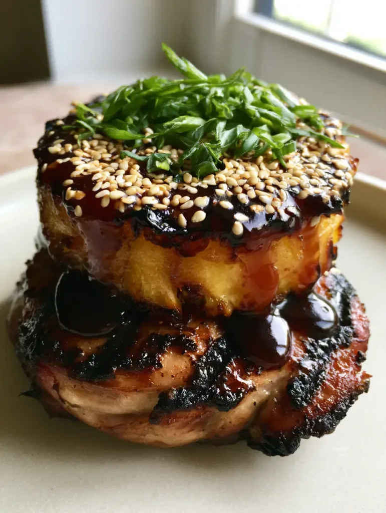 Close-up of juicy seared chicken thigh topped with a grilled pineapple ring and viscous teriyaki glaze. (Hawaiian Huli Huli Chicken)