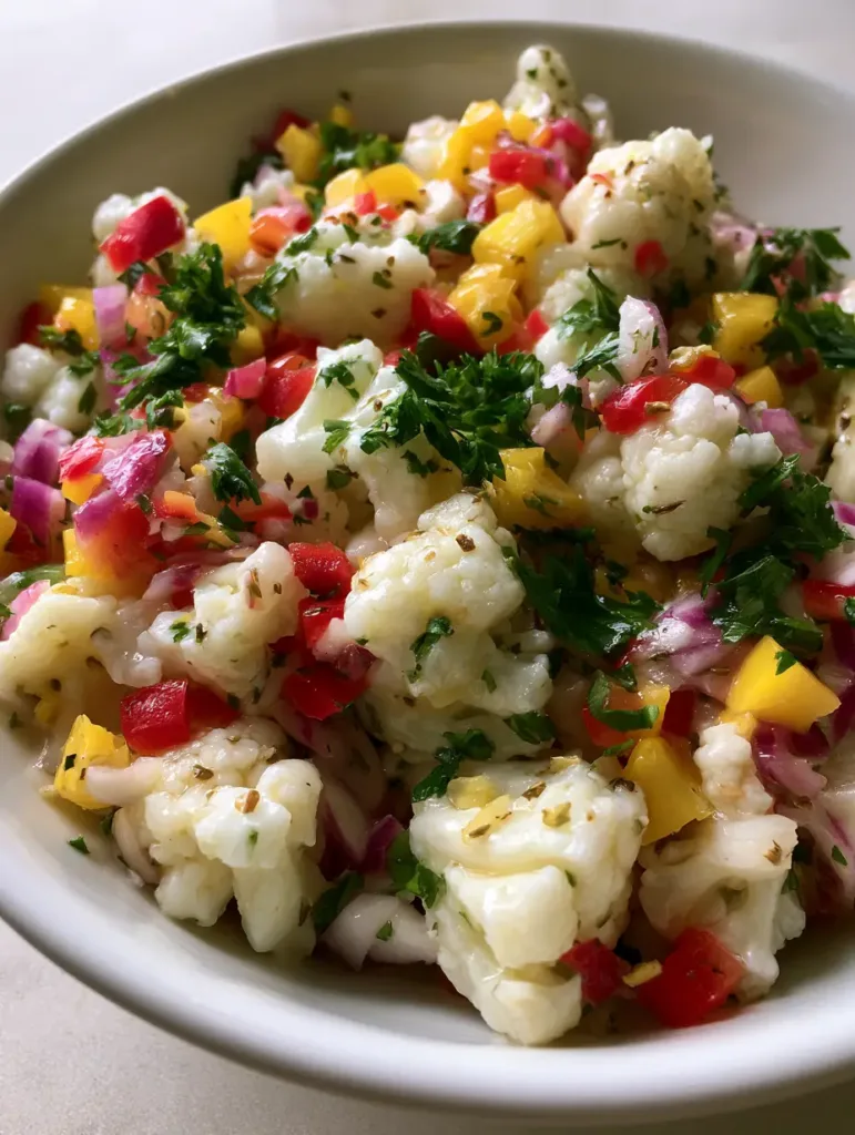Top-down view of Marinated Cauliflower Salad with finely diced peppers and thin red onion crescents in a white bowl.