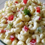 A close-up of Dolly Parton's Macaroni Salad showing the glossy white dressing and crunchy celery pieces. (Dolly Parton's Macaroni Salad)