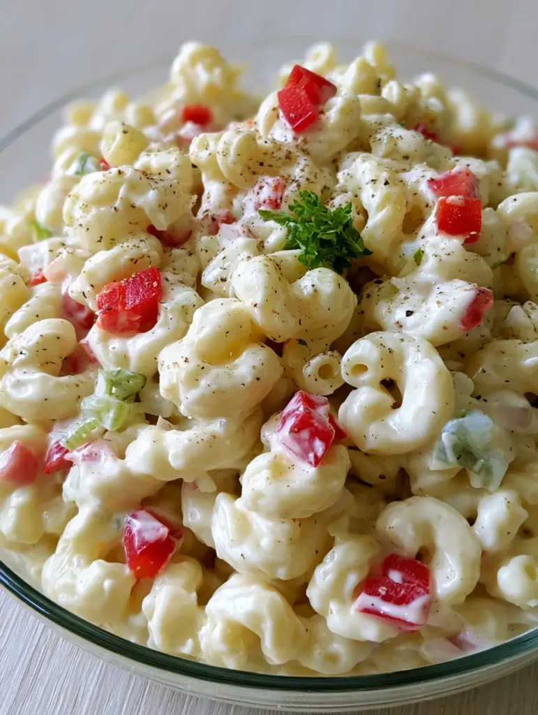 A close-up of Dolly Parton's Macaroni Salad showing the glossy white dressing and crunchy celery pieces. (Dolly Parton's Macaroni Salad)