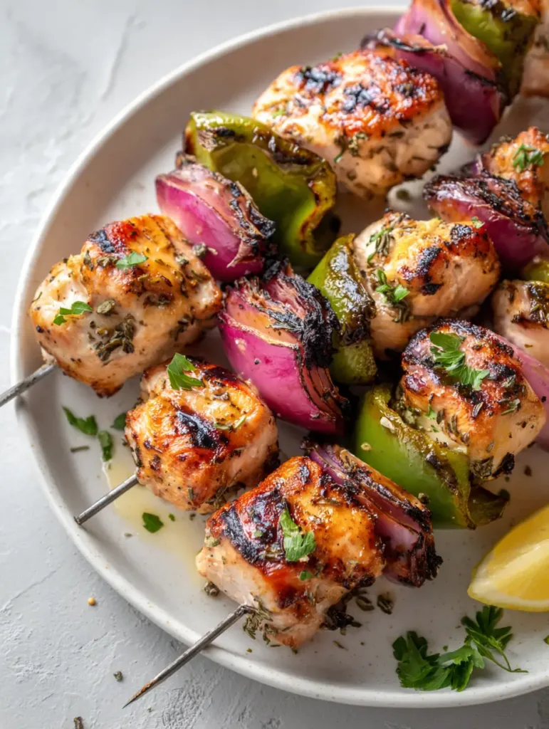 Greek Marinated Chicken Kabobs with Charred Peppers and Onions 3 Eye-level shot of Greek Marinated Chicken Kabobs with charred onions and green peppers showing dark grill marks.