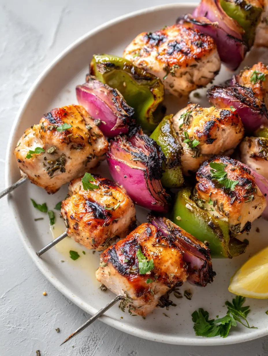 Greek Marinated Chicken Kabobs with Charred Peppers and Onions 4 Eye-level shot of Greek Marinated Chicken Kabobs with charred onions and green peppers showing dark grill marks.