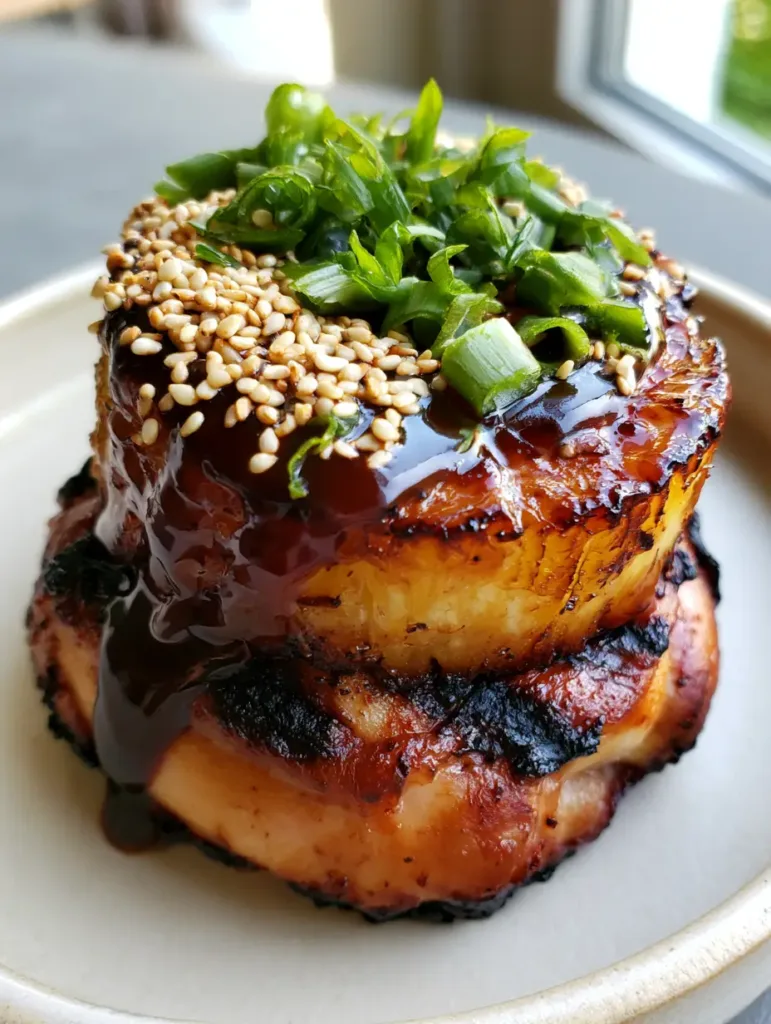 Detailed view of the dark amber glaze and toasted sesame seeds on grilled Hawaiian Huli Huli Chicken.