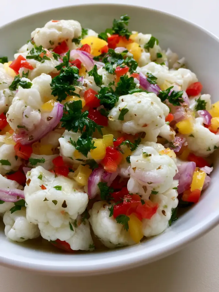 Close-up detail of the glossy herb vinaigrette coating raw cauliflower florets and fresh parsley.