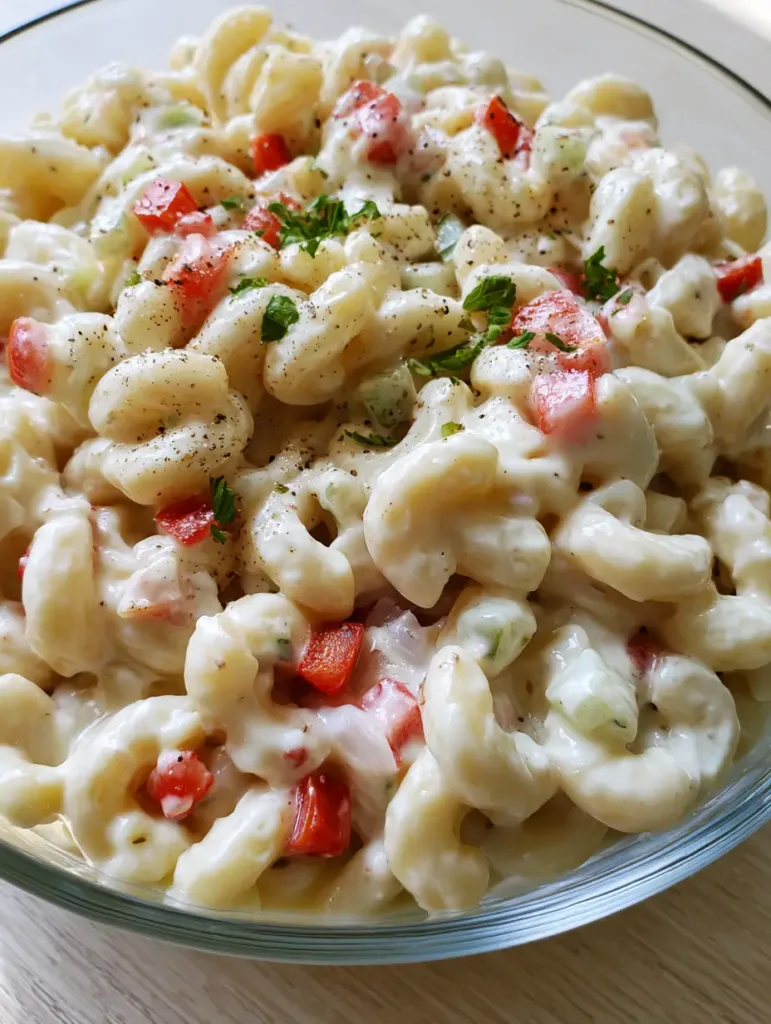 A handheld smartphone photo of Dolly Parton's Macaroni Salad on a light wood surface. (Dolly Parton's Macaroni Salad)