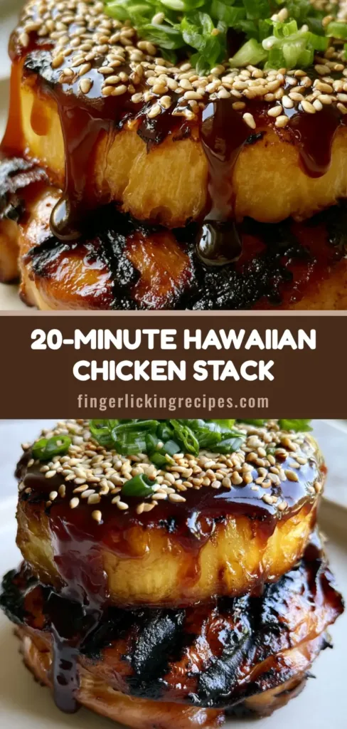 A vertical shot of stacked Hawaiian Huli Huli Chicken with a caramelized pineapple ring, glossy amber glaze, and sesame seeds on a white plate.