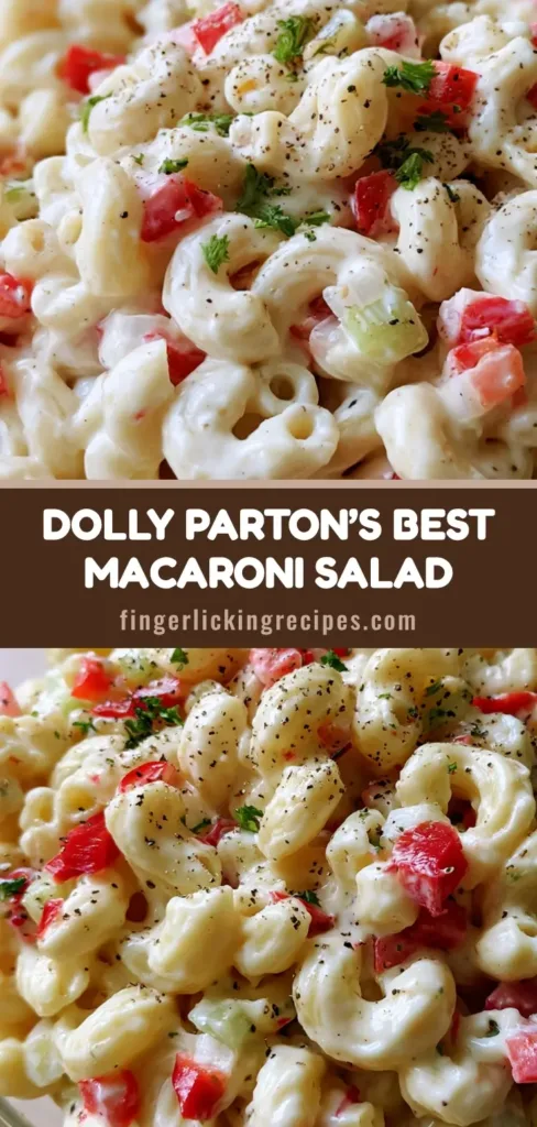 A top-down view of Dolly Parton's Macaroni Salad in a glass bowl featuring creamy dressing and red pepper bits. (Dolly Parton's Macaroni Salad)
