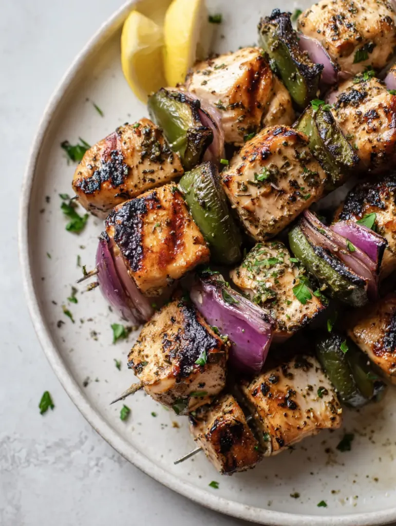 Greek Marinated Chicken Kabobs with Charred Peppers and Onions 2 Metal skewers tightly packed with marinated chicken and vegetables on a neutral concrete background.