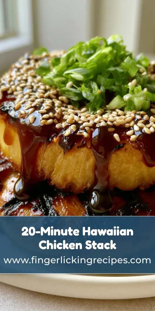 A vertical shot of stacked Hawaiian Huli Huli Chicken with a caramelized pineapple ring, glossy amber glaze, and sesame seeds on a white plate.