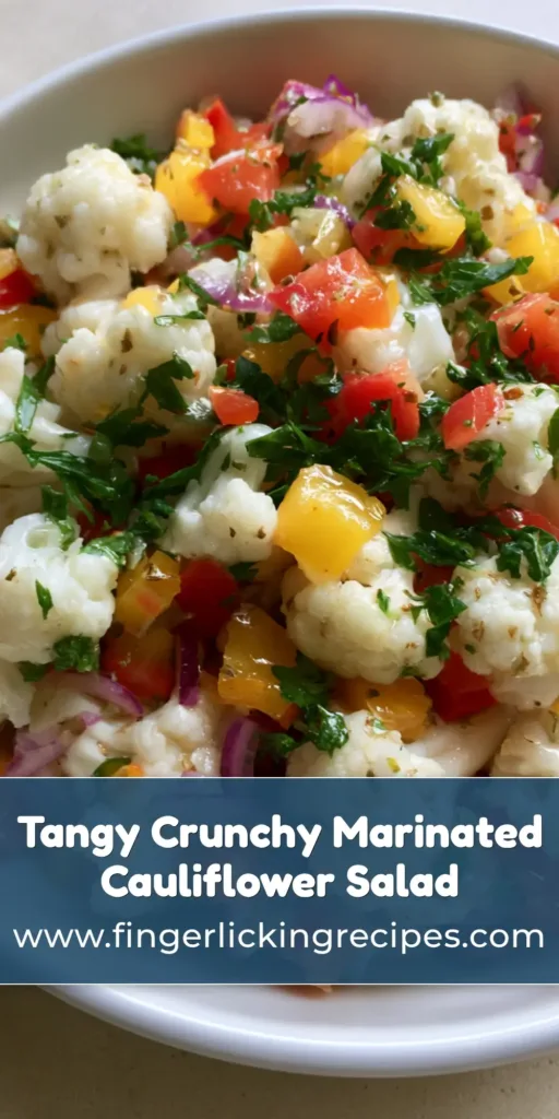 A close-up of a white ceramic bowl filled with glossy Marinated Cauliflower Salad, showing red and yellow peppers and herb flakes.