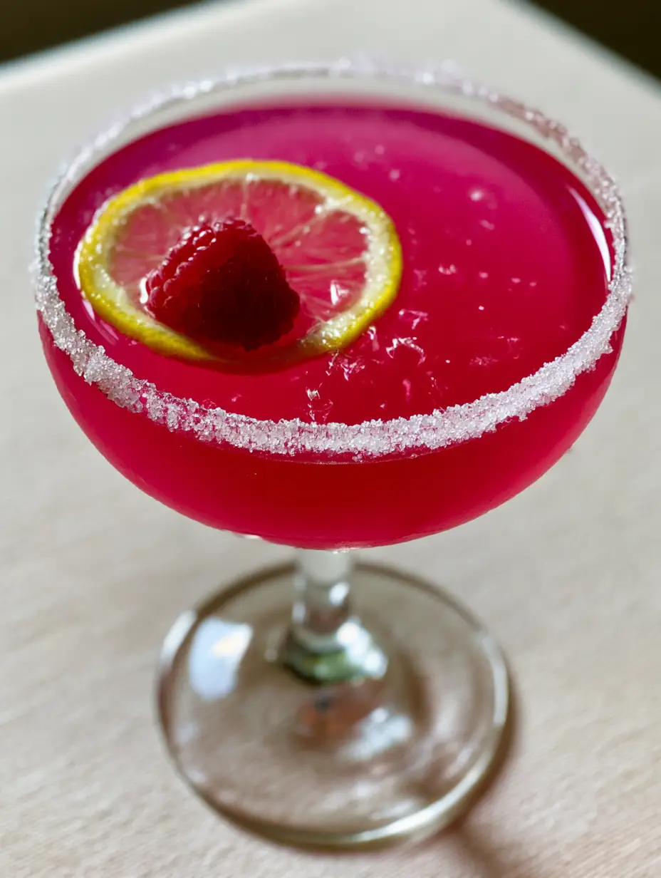 Raspberry Lemon Drop Cocktail: The Ultimate Vibrant Magenta Sipper 4 Close up of an elegant coupe glass with a Raspberry Lemon Drop Cocktail featuring a sugar rim and floating lemon wheel.
