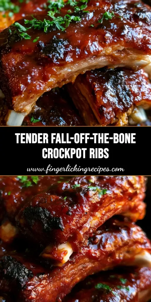 A stack of tender Crockpot BBQ Ribs with a dark mahogany glaze, bubbling sauce, and white bone tips showing. (Crockpot BBQ Ribs)