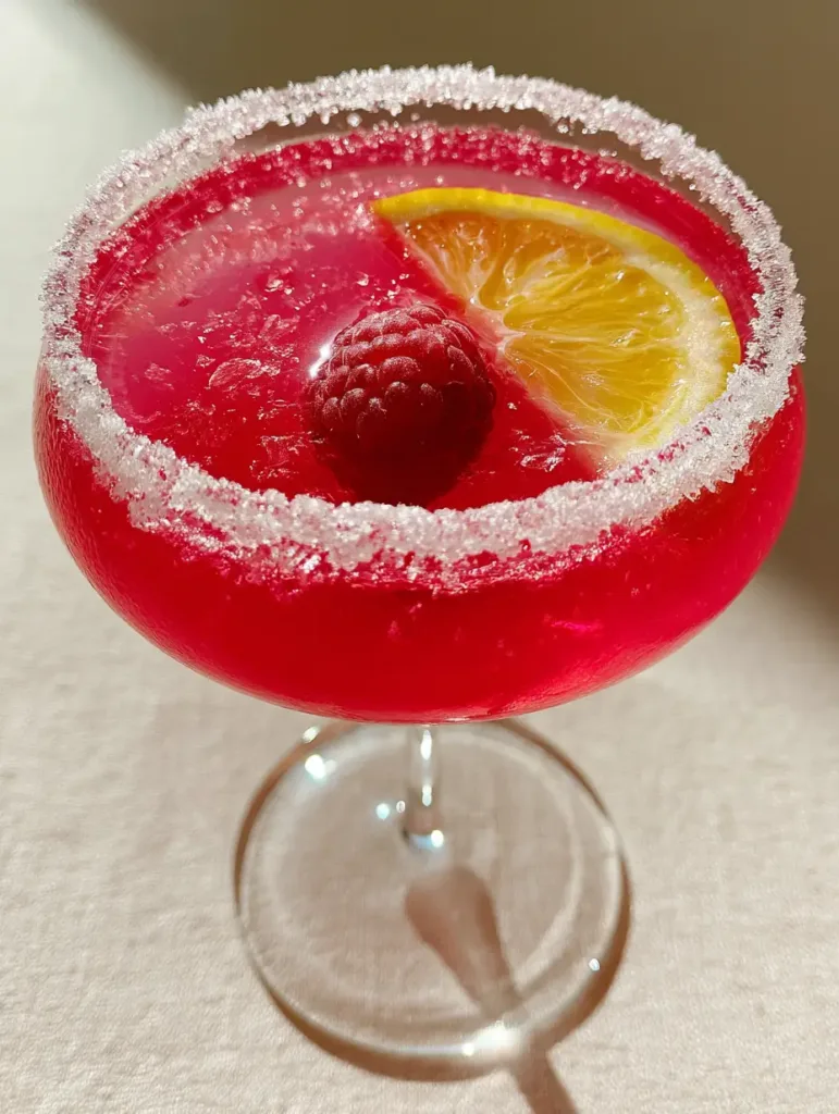 Raspberry Lemon Drop Cocktail: The Ultimate Vibrant Magenta Sipper 2 Side view of the Raspberry Lemon Drop Cocktail on a linen surface with natural lighting.