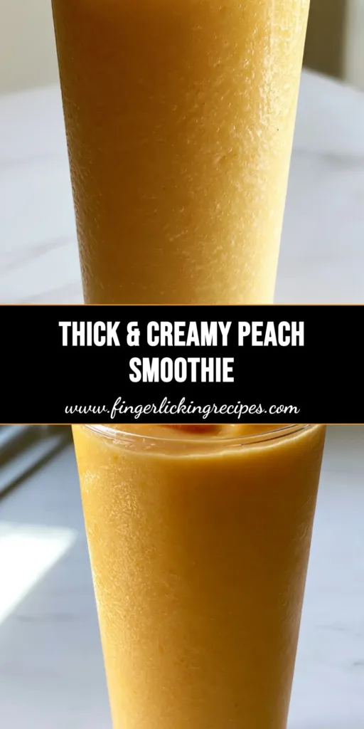 A tall clear glass filled with a thick Peach Smoothie With Frozen Peaches garnished with fresh peach slices on a white marble background.