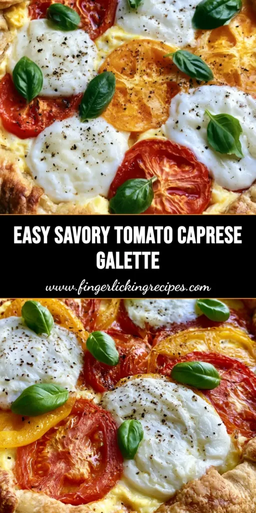 A rustic Caprese Galette on parchment paper with a golden-brown flaky crust, featuring red and yellow tomatoes and melted mozzarella. (Caprese Galette)