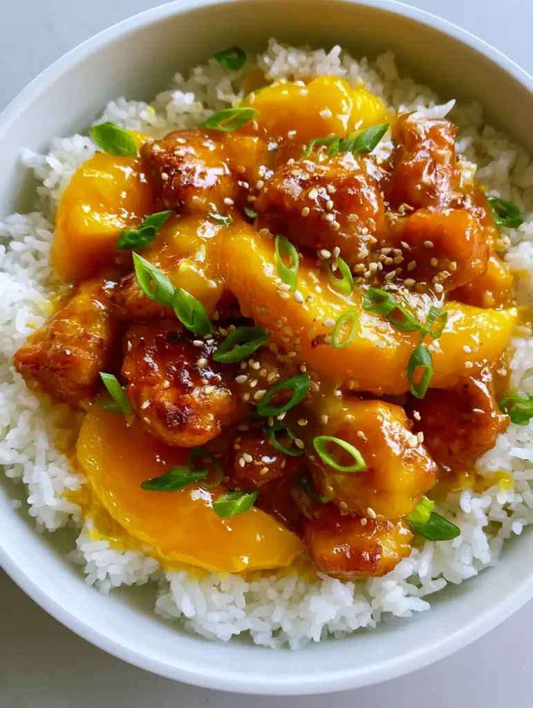 Close up photo of Mango Glazed Chicken in a white bowl showing the glossy orange-yellow glaze and sesame seed garnish.